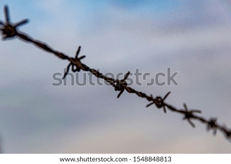 Rusty old barbwire against cloudy sky, low angle. Selective focus, shallow depth of field.