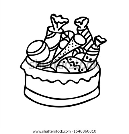 Christmas box with  toys and sweets. Ink drawing in cartoon style. Isolated vector object on a white background. New Year elements design for poster, greeting card,stickers  invitation.