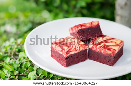 Red velvet cream cheese brownies on white dish Royalty-Free Stock Photo #1548864227