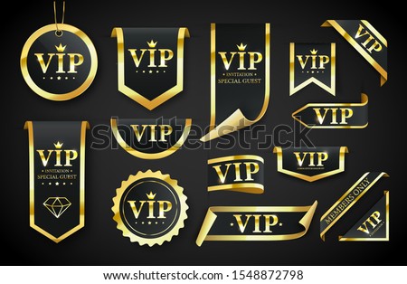 Vip label, badge or tag. Vector black banner with gold vip text. Vector illustration Royalty-Free Stock Photo #1548872798