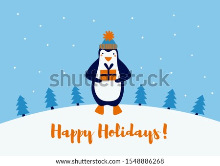 Christmas animal character. Cute penguin holding New Year present. Winter season greeting card. Colorful cartoon background. Vector illustration. 