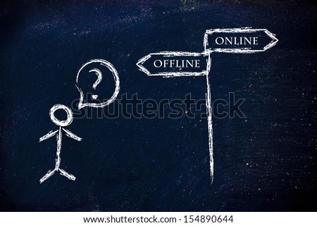 metaphor humour design on blackboard, online vs offline Royalty-Free Stock Photo #154890644