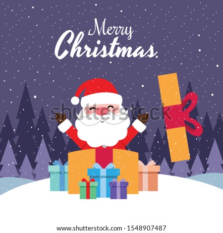 Merry Christmas with Cute Kawaii Hand Drawn Santa Claus With Smiling And Funny Face In Big Gift Box. Cartoon. Vector. Character. Illustration. Flat Design. Background. Greeting. Invitation. Postcard