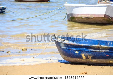 The picture shows old sunken ships moored in shallow water. Beside the boats you can see sand of golden color soaked in water.