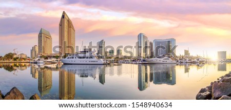 Downtown San Diego skyline in California, USA at sunset