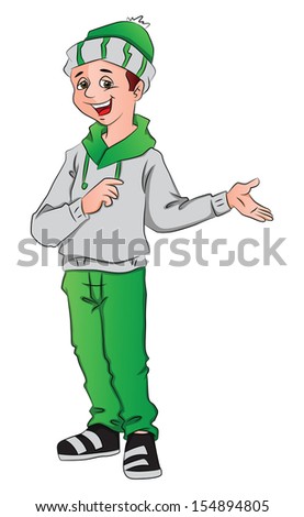 Vector illustration of happy boy wearing santa hat and gesturing.