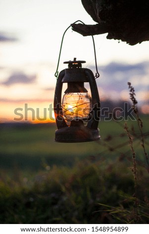 vintage lantern hanging on the tree lighted by the sun