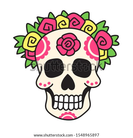 Mexican skull in flower wreath. Cartoon vector illustration for pin, sticker, patch, badge.