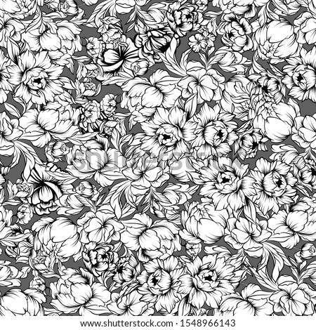 seamless pattern with line art drawings of peony - hand drawn vector illustration