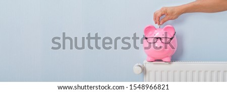 Person Inserting The Coin In Piggybank Over The Radiator At Home