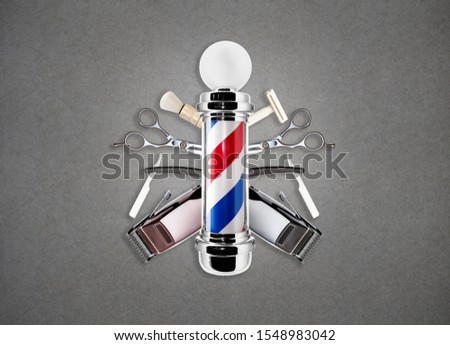 Barber Pole With Tools Isolated On Grey Background. Barber Shop Concept