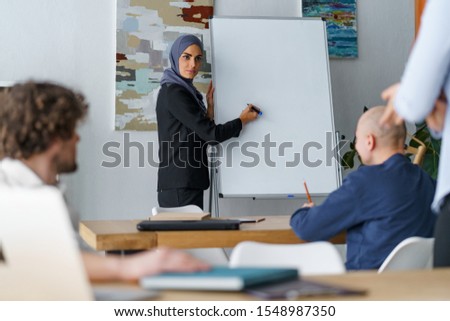 Teacher works with students in the class. Muslim woman explained a new topic, asking questions and writing on a board.