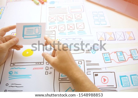 Website young designer Creative planning application  draft sketch drawing template layout framework wireframe design studio.
