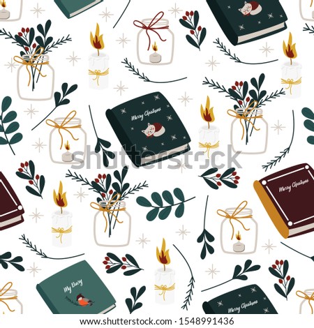 winter seamless pattern with candles and books on white background - vector illustration, eps