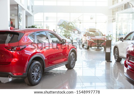 Beautiful modern cars on display at local dealership salon. Automobiles for sale, copy s[ace Royalty-Free Stock Photo #1548997778