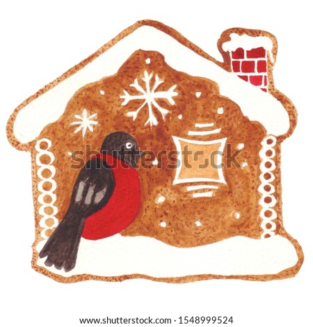 Delicious Christmas and New Year gingerbread in the form of a house. Watercolor hand drawn illustration