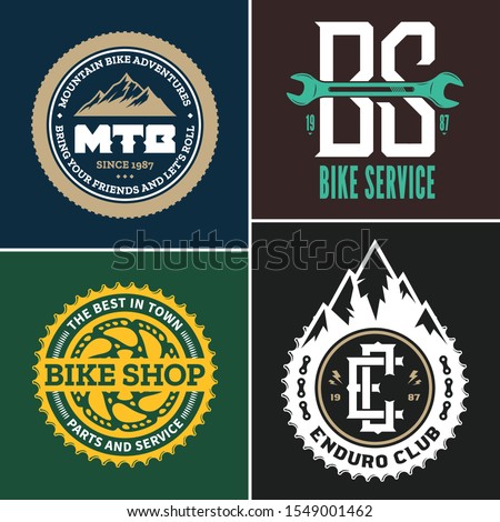 Set of vector bike shop, bicycle service, mountain biking clubs and adventures logo