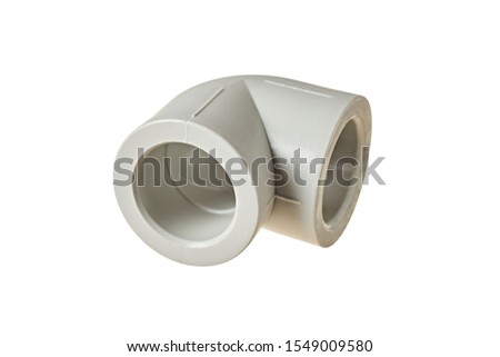 Polypropylene, plastic corner of 90 degree for connecting pipe for water or other liquid for heating room isolated on white background without shadow. Close-up