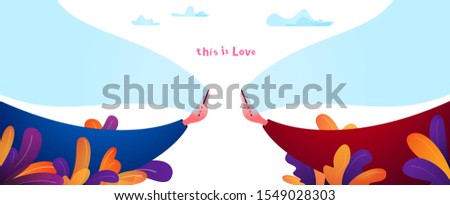 Two adult hands holding mobile phones. Online dating concept. Flat cartoon horizontal banner. Full-frame with white copy space for text. Colorful vector illustration of Love online. Dating application