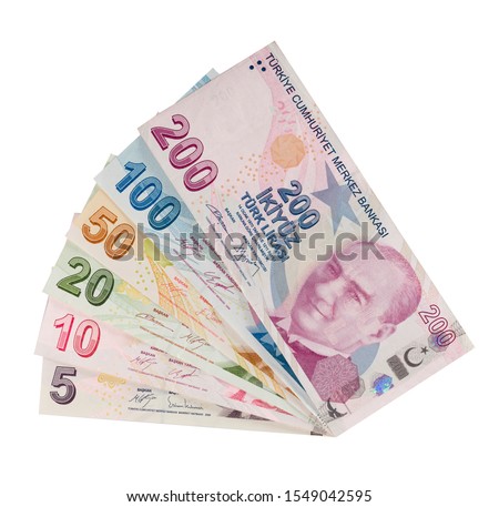 Turkish banknotes, 5,10,20,50,100,200 Turkish Lira front side, Have clipping path mask Royalty-Free Stock Photo #1549042595