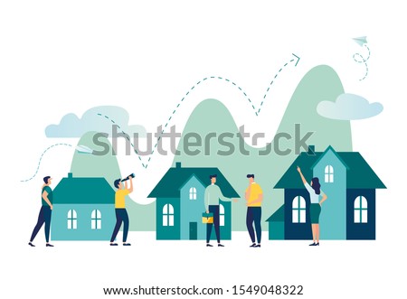 Vector illustration, Real estate business concept with houses, rising real estate market, increasing the value of houses and square meters vector Royalty-Free Stock Photo #1549048322