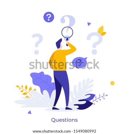 Man holding magnifying glass and looking through it at interrogation points. Concept of frequently asked questions, query, investigation, search for information. Modern flat vector illustration. Royalty-Free Stock Photo #1549080992