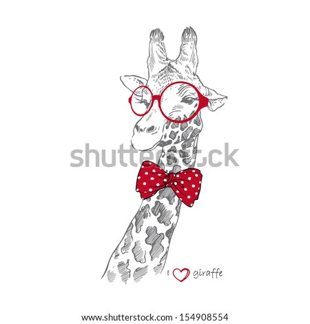 Hand drawn Illustration of Giraffe in Round Glasses isolated on white background