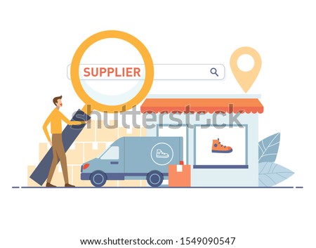 Dropshipper holding magnifying glass for find supplier search bar.  Supplier store and cargo car with location map pin. Vector illustration flat design style. Search vendor concept. Royalty-Free Stock Photo #1549090547