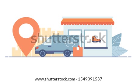 Supplier store and cargo car with location map pin. Vector illustration flat design style.  Vendor concept. Royalty-Free Stock Photo #1549091537
