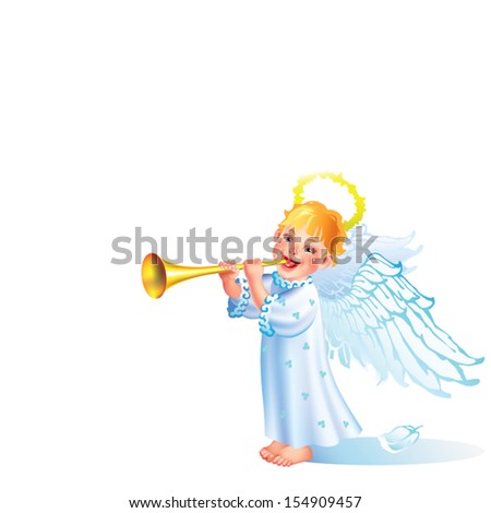 Laughing baby with wings, playing the trumpet