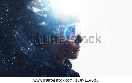 Double exposure of female face. Abstract woman portrait. Digital art. Girl in glasses of virtual reality. Augmented reality, dream, future technology, game concept. VR.