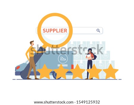 Dropshipper holding magnifying glass for find supplier search bar. Trust supplier and delivery car with five vote star, parcel background and location map pin. Vector illustration flat design style. Royalty-Free Stock Photo #1549125932