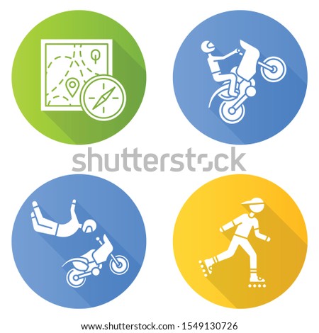 Extreme sports flat design long shadow glyph icons set. Foot orienteering. Navigation equipment. Motocross. Motorcycle stunt riding. Inline skating, rollerblading. Vector silhouette illustration
