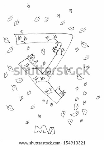 The sketched illustration of a Japanese letter (katakana) with trees, cats and autumn leaves