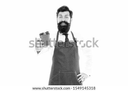 Mature barista in apron isolated on white. Robusta arabica blend. Barista prepared coffee for you. Enjoying fresh coffee. Inspired with cup of fresh coffee. Bearded man hold paper coffee cup.