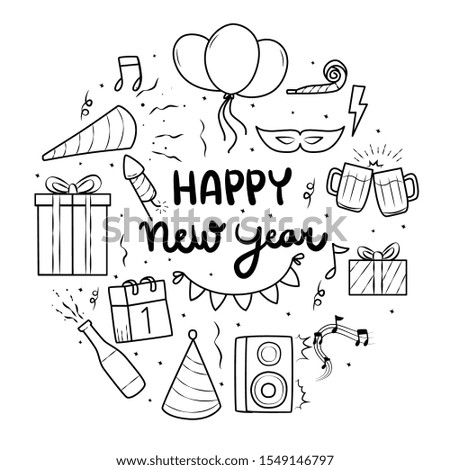 set of happy new year element . set of happy new year doodle . happy new year
