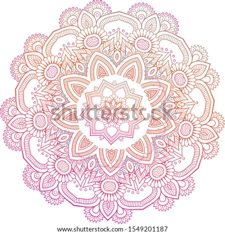 Round gradient mandala on white isolated background. Vector boho mandala in green and pink colors. Mandala with floral patterns. Yoga template - Vector