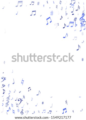 Blue flying musical notes isolated on white backdrop. Cute musical notation symphony signs, notes for sound and tune music. Vector symbols for melody recording, prints and back layers.