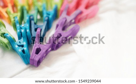 Plastic clothespins on white background, colorful rainbow unicorn color, vibrant object group, laundry, housewife, lgbt flag, freedom, creativity, teamwork, harmony, movement or diversity concept