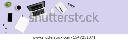 Top view office desk and supplies, with copy space. Creative flat lay photo of workspace desk/Panoramic banner