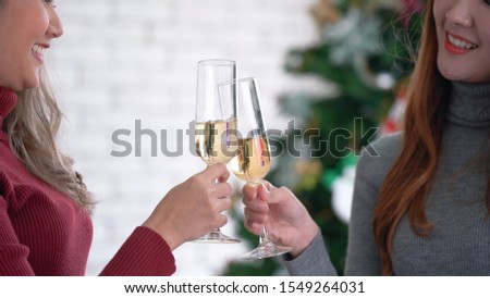 Young women holding champagne glasses and give a toast, with smiling face. Celebration and greeting concept