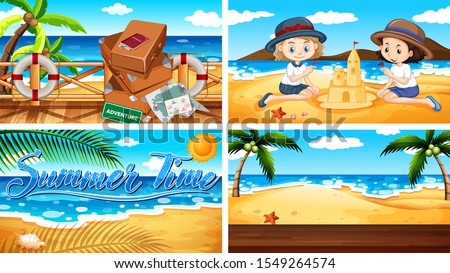 Four background scenes with summer on the beach illustration