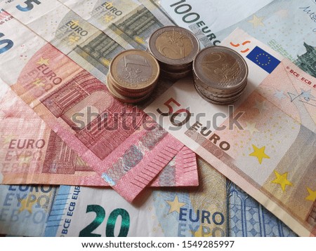 european money in different denominations, view from above