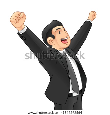 Businessman Raised His Hands Full of Happiness and Energy Spirit, Business Motivation Concept, Cartoon Vector Illustration Design, in Isolated White Background.