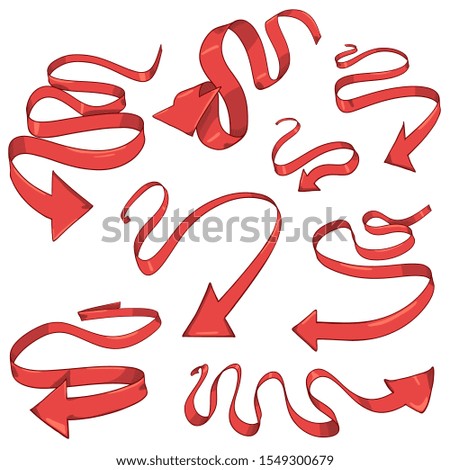 Vector Set of Cartoon Red Ribbon Arrows. Waving Shape Pointers Collection.