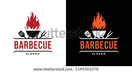 Barbecue restaurant - minimalist logo concept. Logo of Barbecue, Grill and Bar with fire, grill fork and spatula. BBQ logo template. Grunge texture. Vector illustration Royalty-Free Stock Photo #1549301078