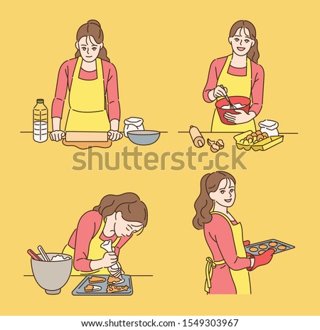 The order of making bread. A girl is baking cookies. hand drawn style vector design illustrations. 