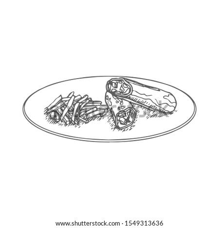 Burritos with fried Potatoes Hand Drawn on White Background. Vector