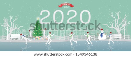 Happy new year and Merry Christmas greeting design with  happy famly on Skating rink in winter season on text 2020 background.paper craft style vector and illustration.