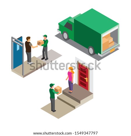 courier package delivery, online shop with green uniform isometric illustration vector 
